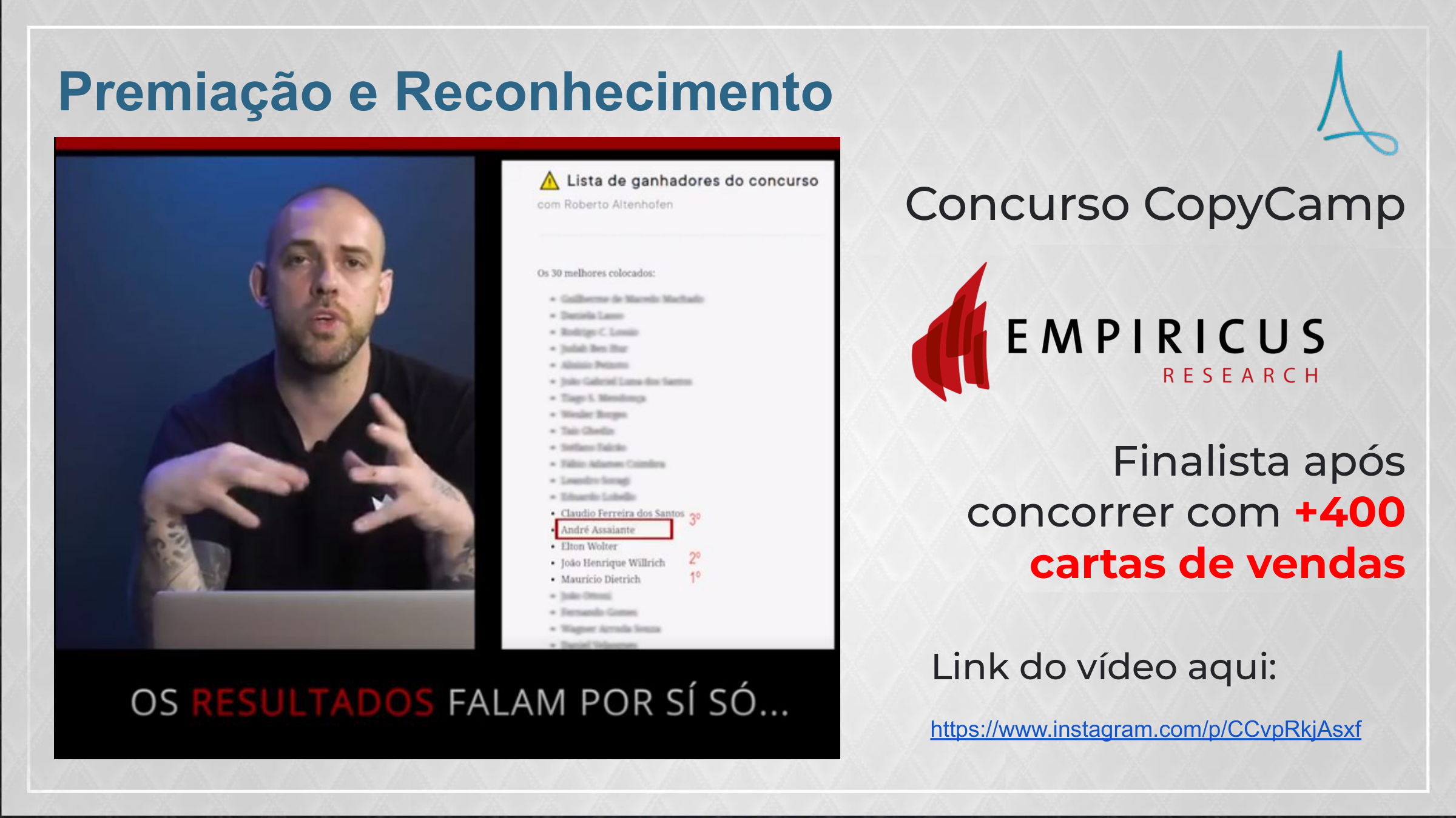 Beto Altenhofen apresentando André Assaiante como terceiro colocado no CopyCamp da Empiricus